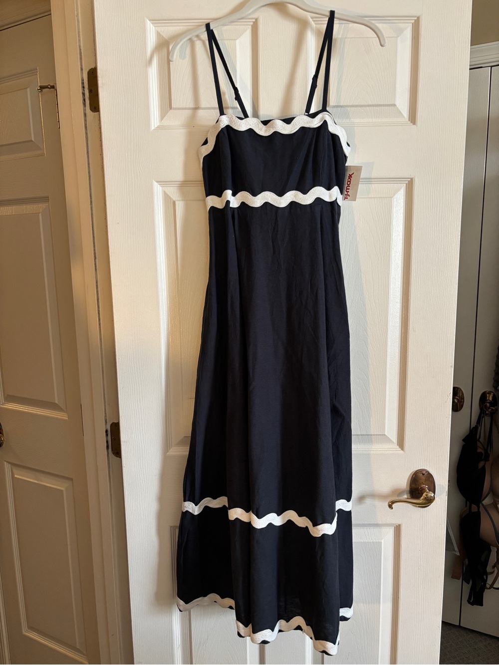 Navy Blue Dress with White Scallop Trim